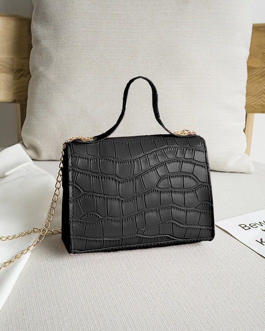 Croc Embossed Twist Lock Flap Satchel Bag