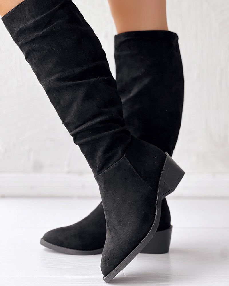 Velvet Ruched Point Toe Long Boots