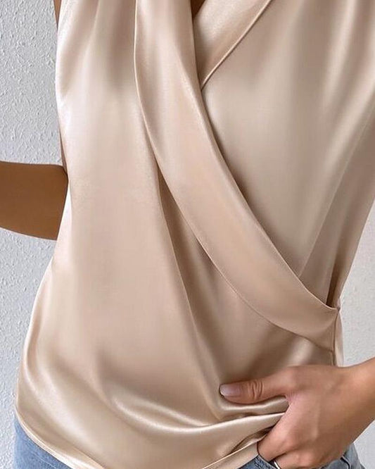 Satin Ruched Overlap Tank Top