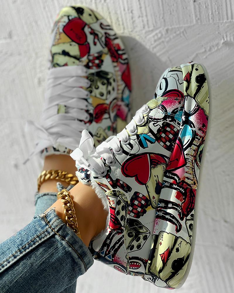 Cartoon Graphic Letter Lace up Lined Sneakers