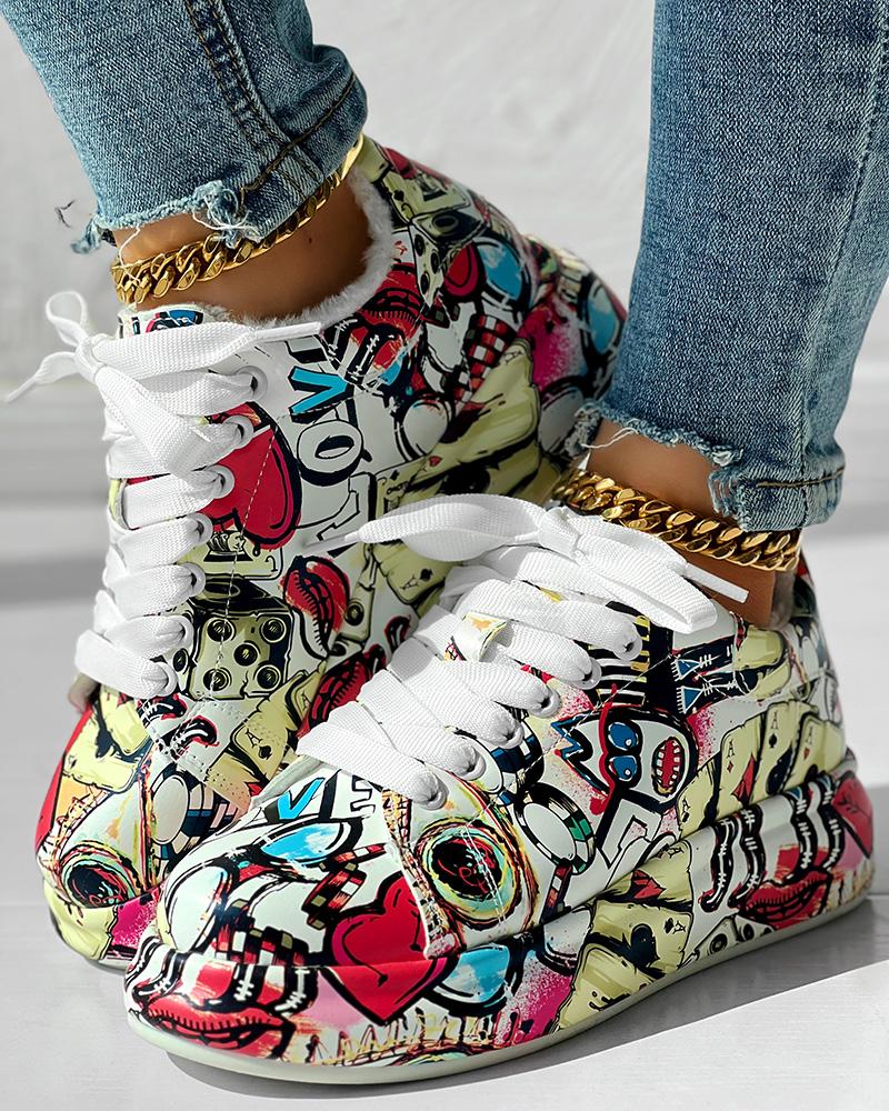 Cartoon Graphic Letter Lace up Lined Sneakers