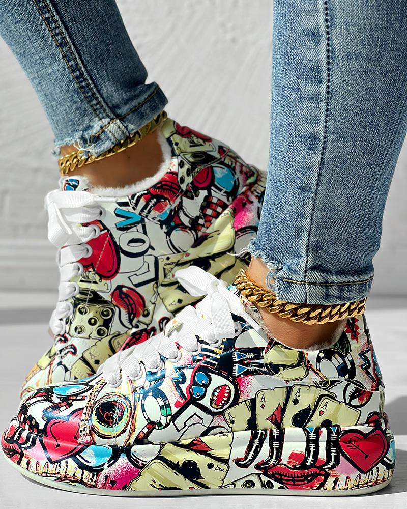 Cartoon Graphic Letter Lace up Lined Sneakers