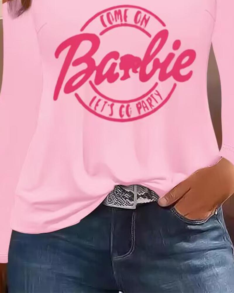 Come On Barbie Let's Go Party Print Cold Shoulder Eyelet Casual Top