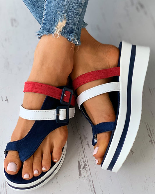 Eyelet Buckled Colorblock Platform Slippers