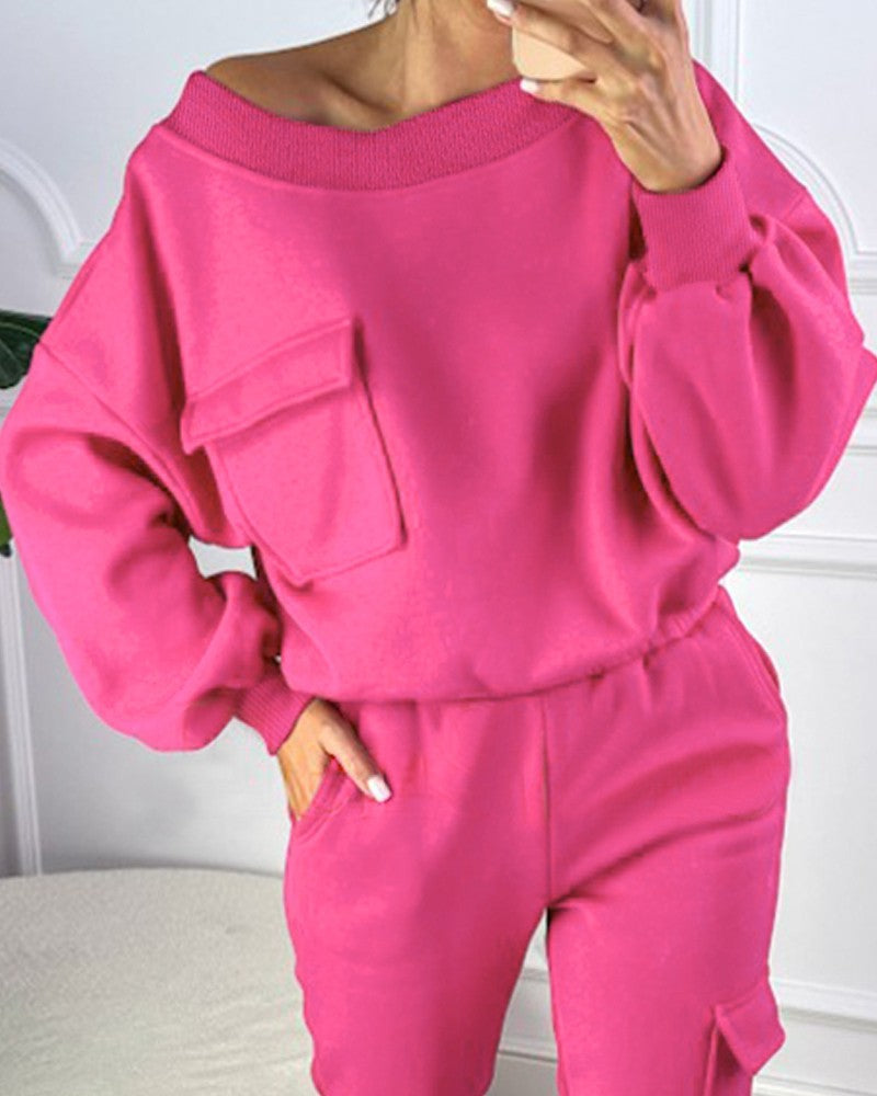 Round Neck Pocket Design Sweatshirt & Cuffed Sweatpants Set