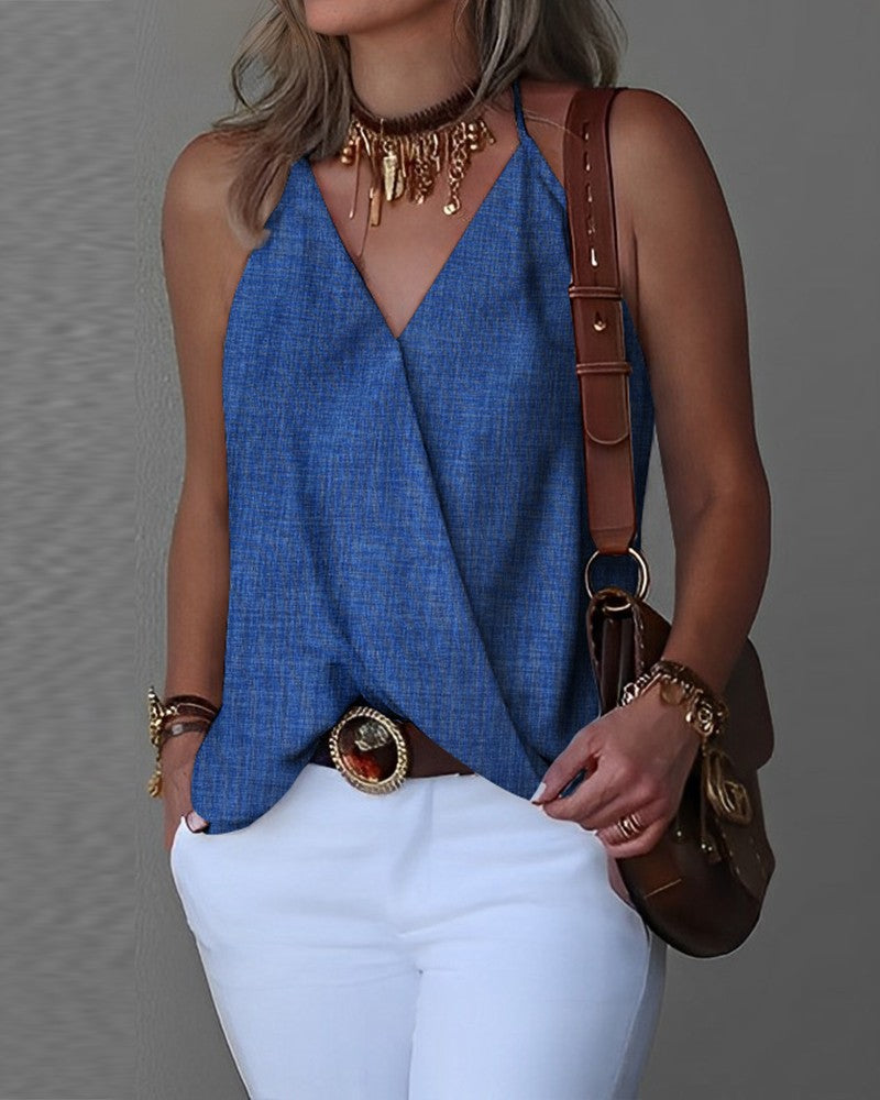 Denim Look Print Halter Wrap Tank Top