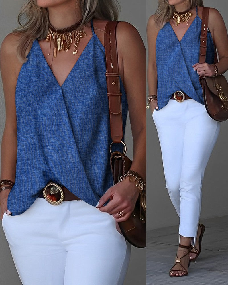 Denim Look Print Halter Wrap Tank Top