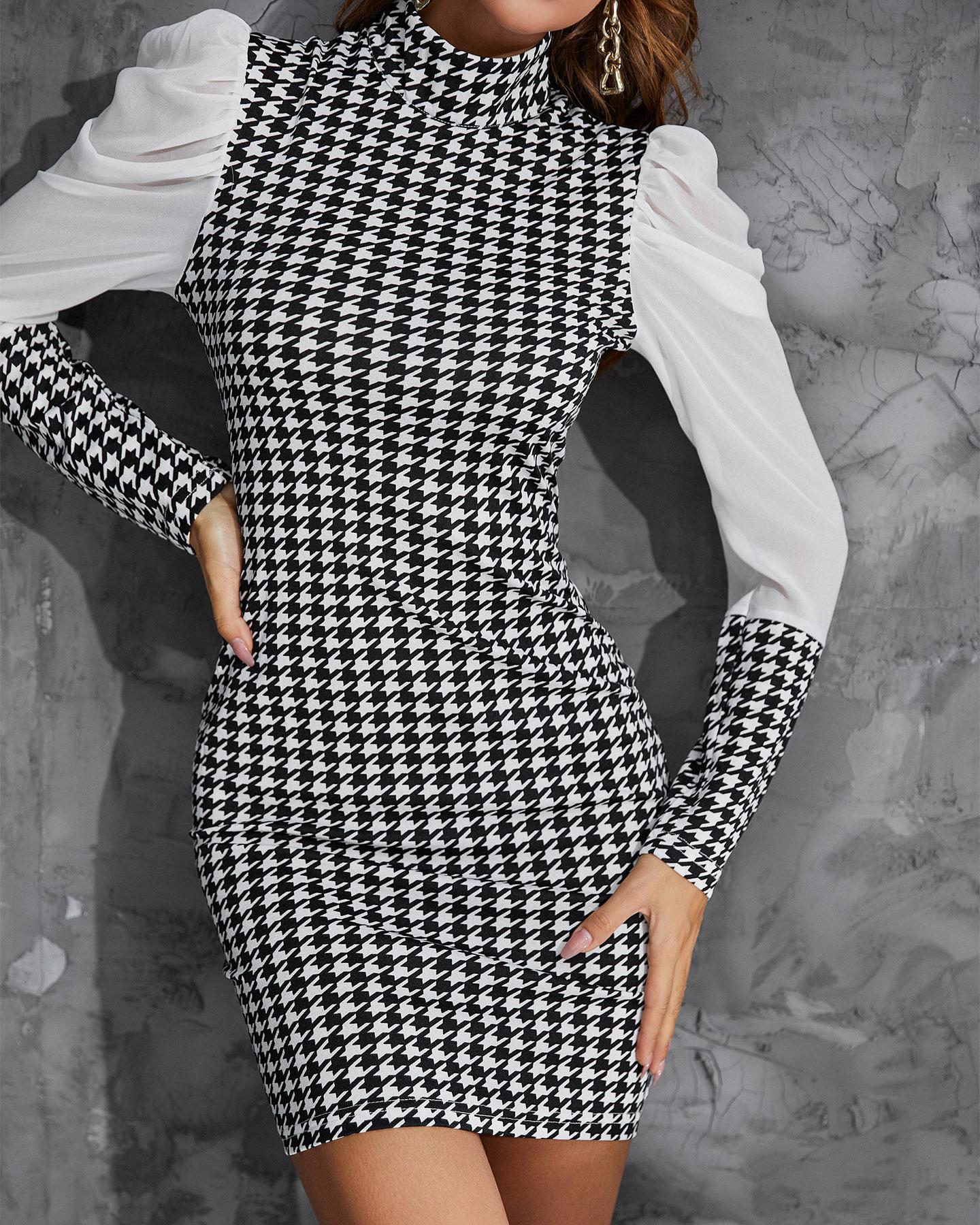 Mesh Patch Houndstooth Print Puff Sleeve Work Dress