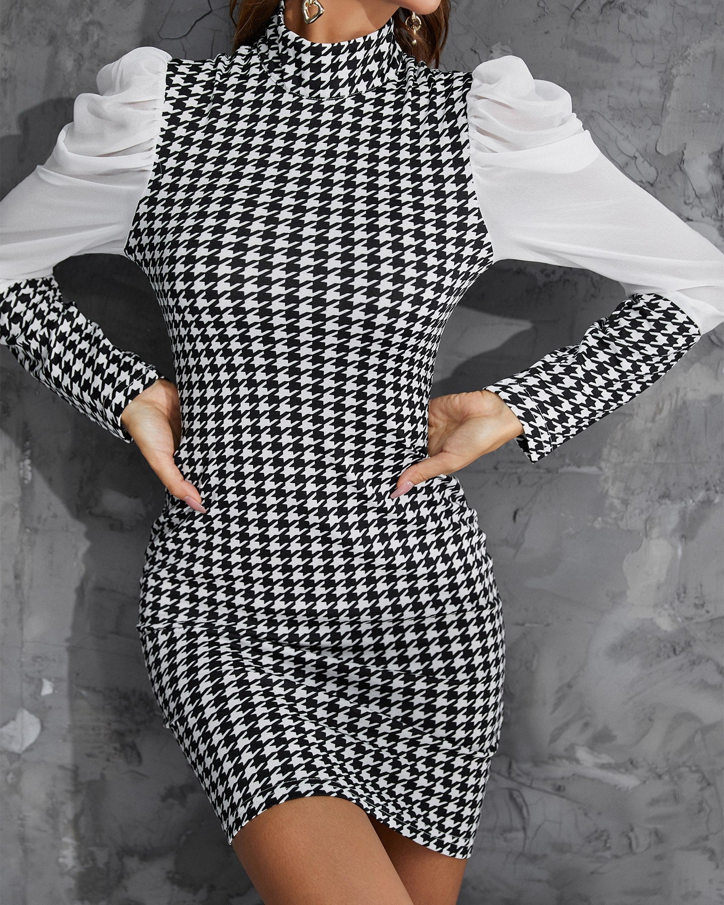 Mesh Patch Houndstooth Print Puff Sleeve Work Dress