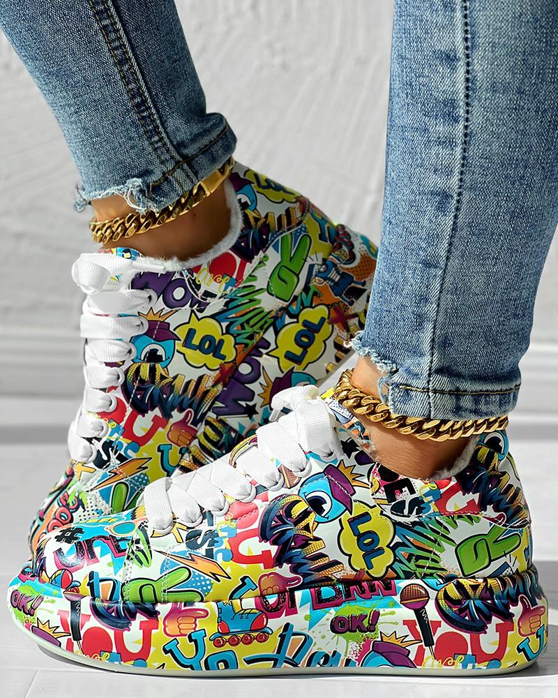 Cartoon Graphic Letter Lace up Lined Sneakers