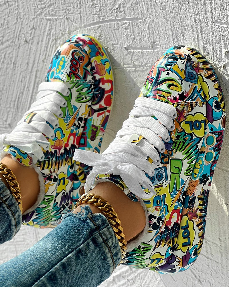 Cartoon Graphic Letter Lace up Lined Sneakers