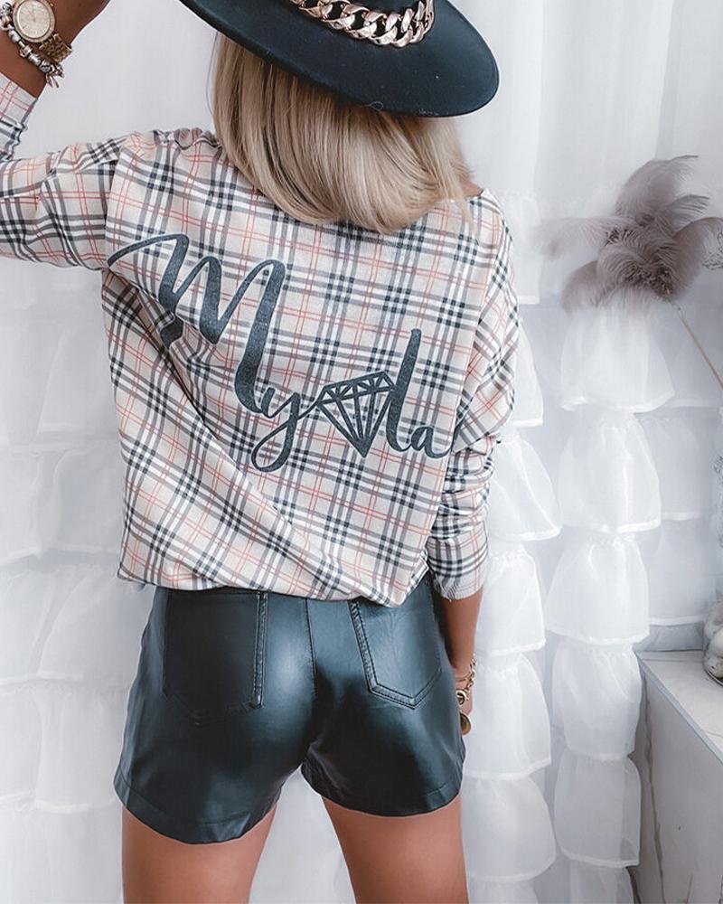 Plaid Print V Neck Long Sleeve Top