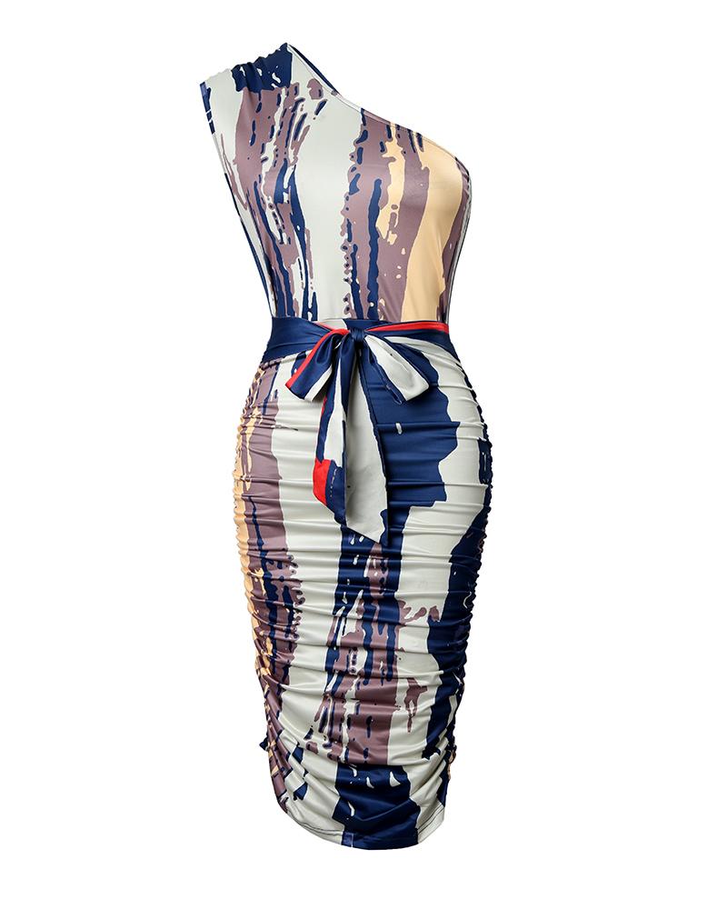 Abstract Print One Shoulder Ruched Bodycon Dress