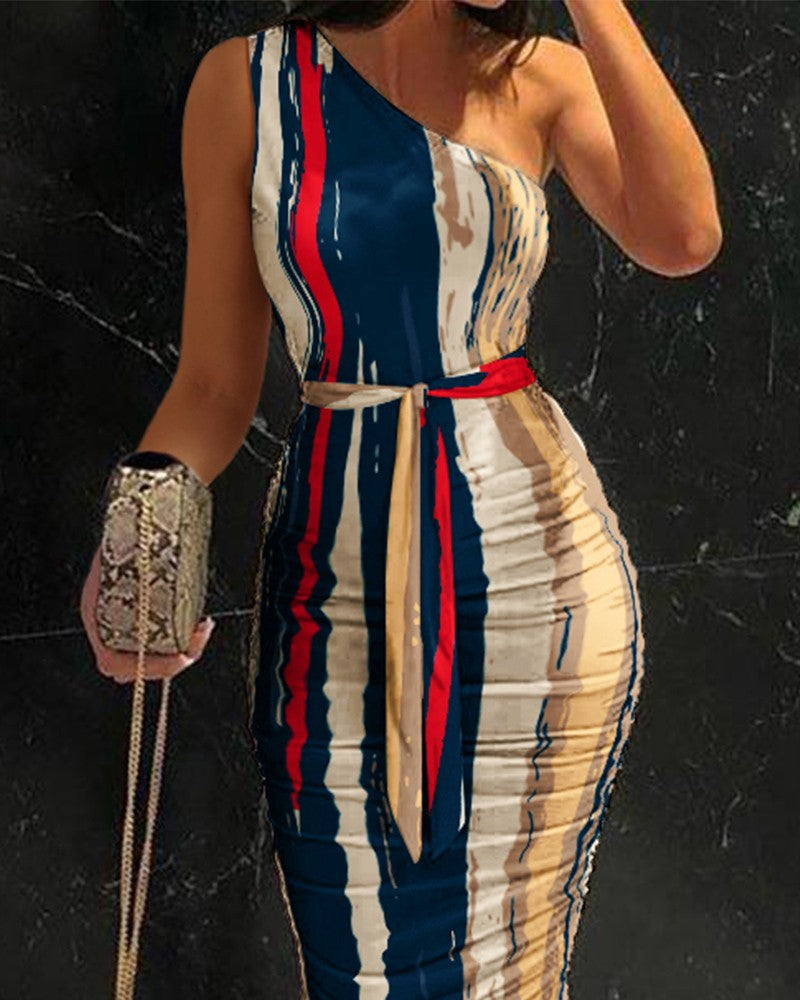 Abstract Print One Shoulder Ruched Bodycon Dress