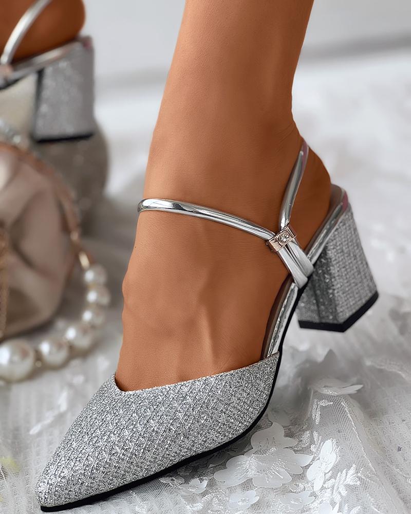 Glitter Slingback Chunky Heels Wedding Guest Shoes