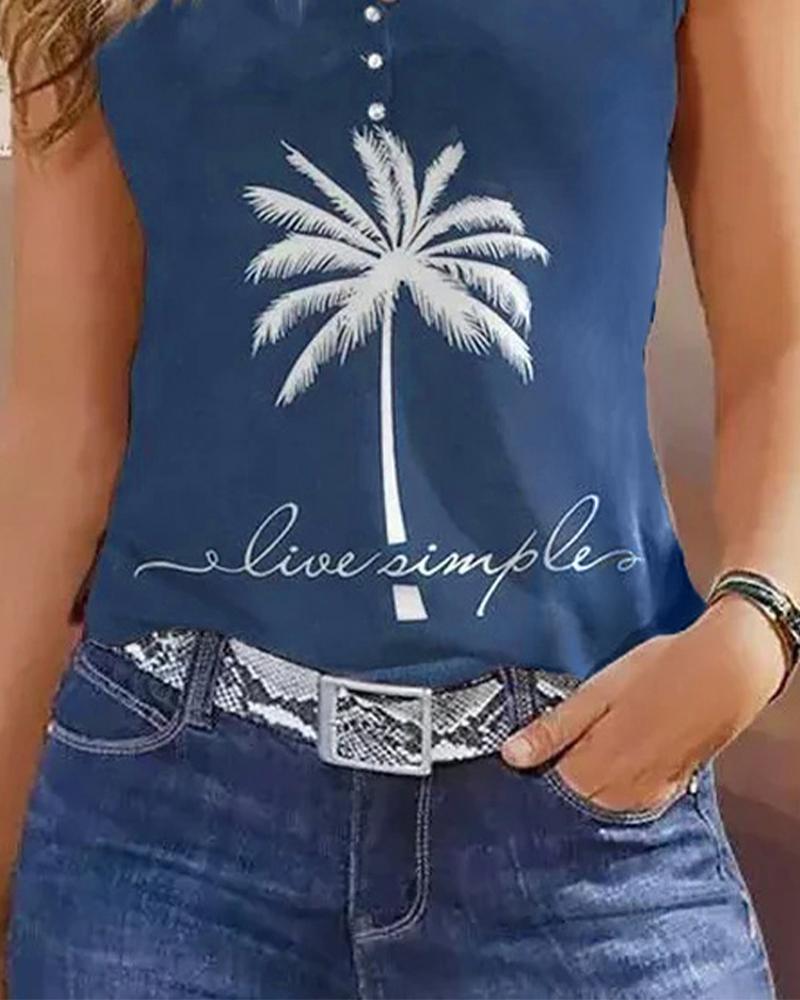 Coconut Tree Letter Print Notch Neck Buttoned Tank Top