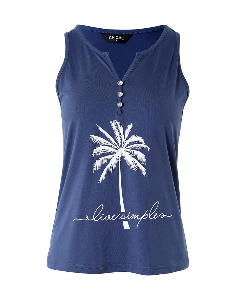 Coconut Tree Letter Print Notch Neck Buttoned Tank Top