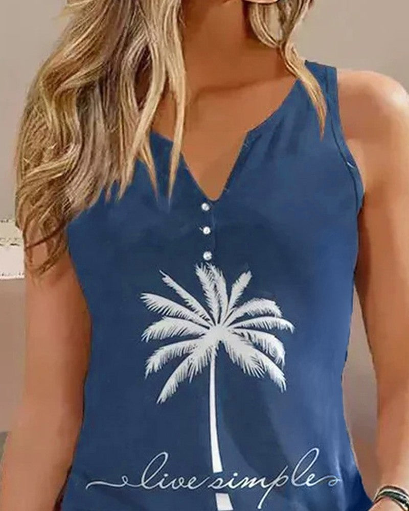 Coconut Tree Letter Print Notch Neck Buttoned Tank Top