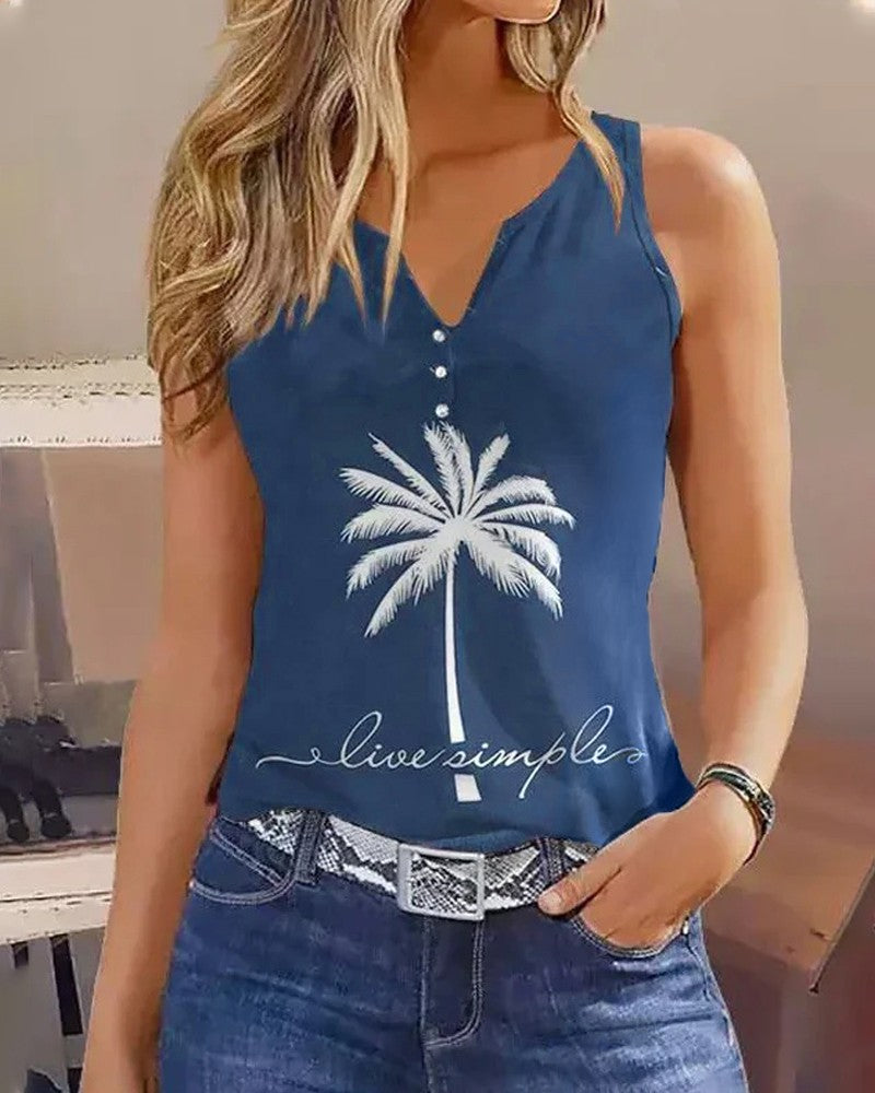 Coconut Tree Letter Print Notch Neck Buttoned Tank Top