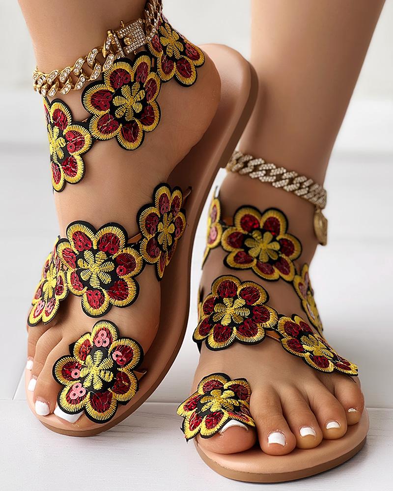 Floral Pattern Toe Ring Beach Sandals