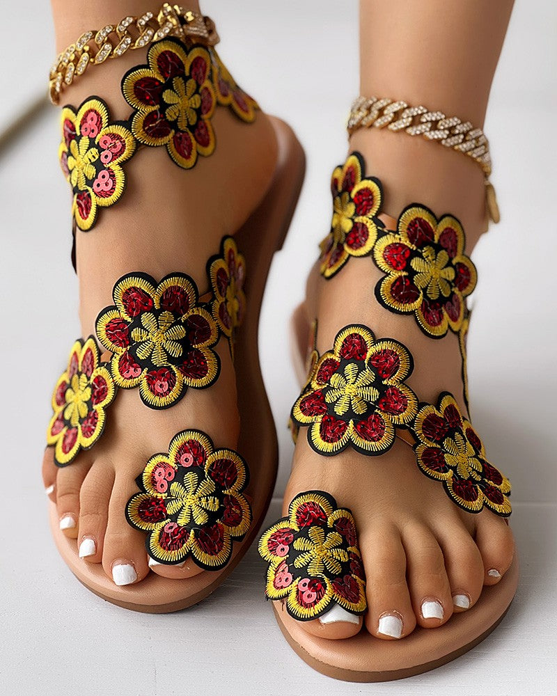 Floral Pattern Toe Ring Beach Sandals