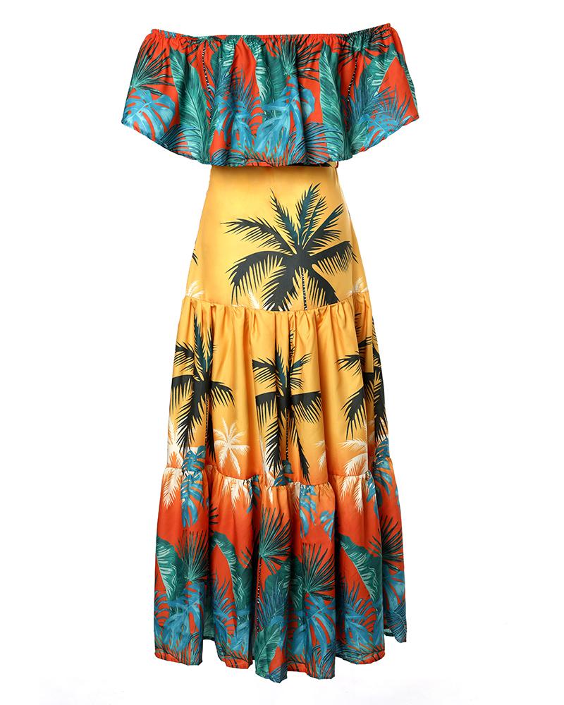 Off Shoulder Tropical Print Ruffles Maxi Dress With Belt