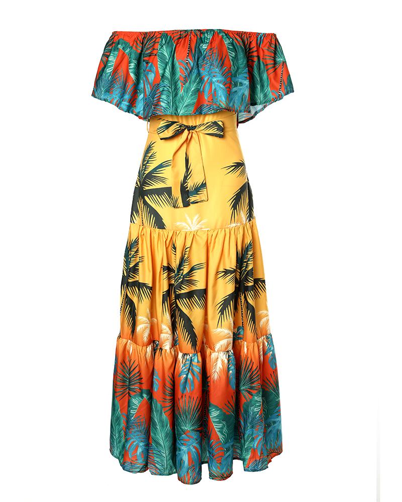 Off Shoulder Tropical Print Ruffles Maxi Dress With Belt