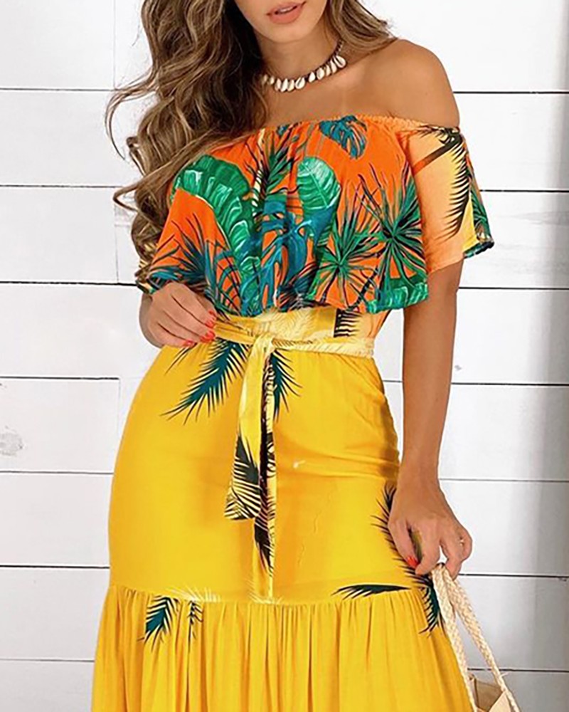 Off Shoulder Tropical Print Ruffles Maxi Dress With Belt