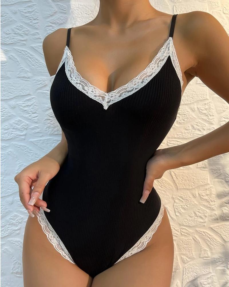 Contrast Lace Spaghetti Strap Bodysuit