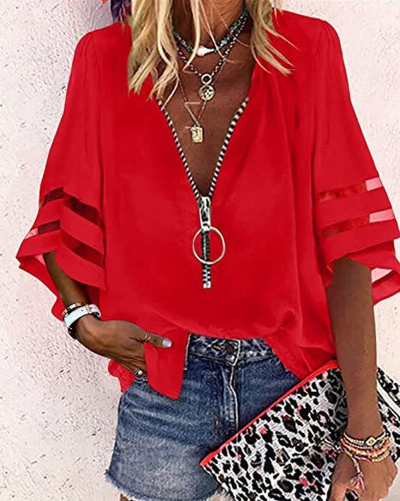 Contrast Mesh Bell Sleeve Zip Front Top