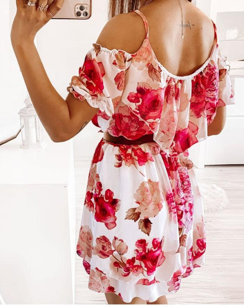 Floral Print Cold Shoulder Chiffon Dress