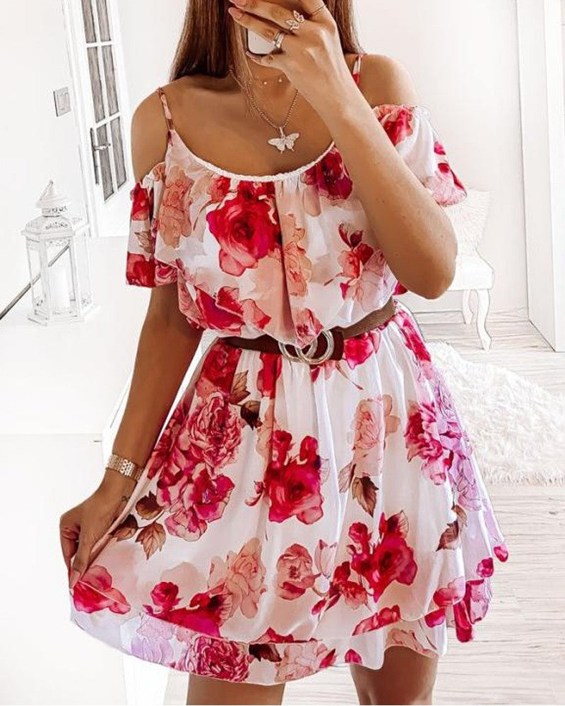 Floral Print Cold Shoulder Chiffon Dress