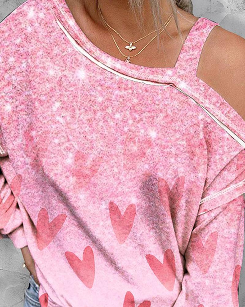 Valentine's Day Heart Print Cold Shoulder Top