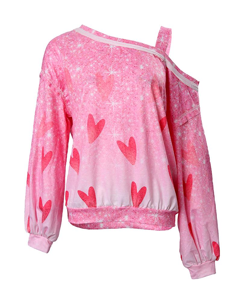 Valentine's Day Heart Print Cold Shoulder Top