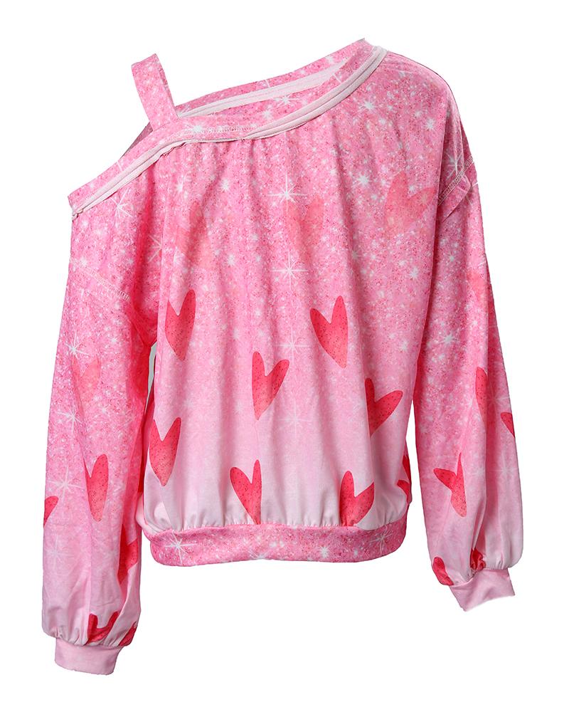 Valentine's Day Heart Print Cold Shoulder Top