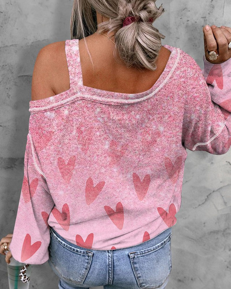 Valentine's Day Heart Print Cold Shoulder Top