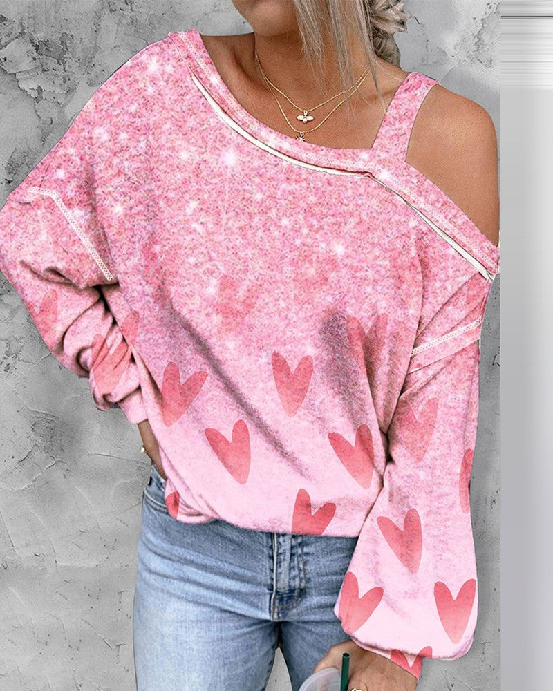 Valentine's Day Heart Print Cold Shoulder Top