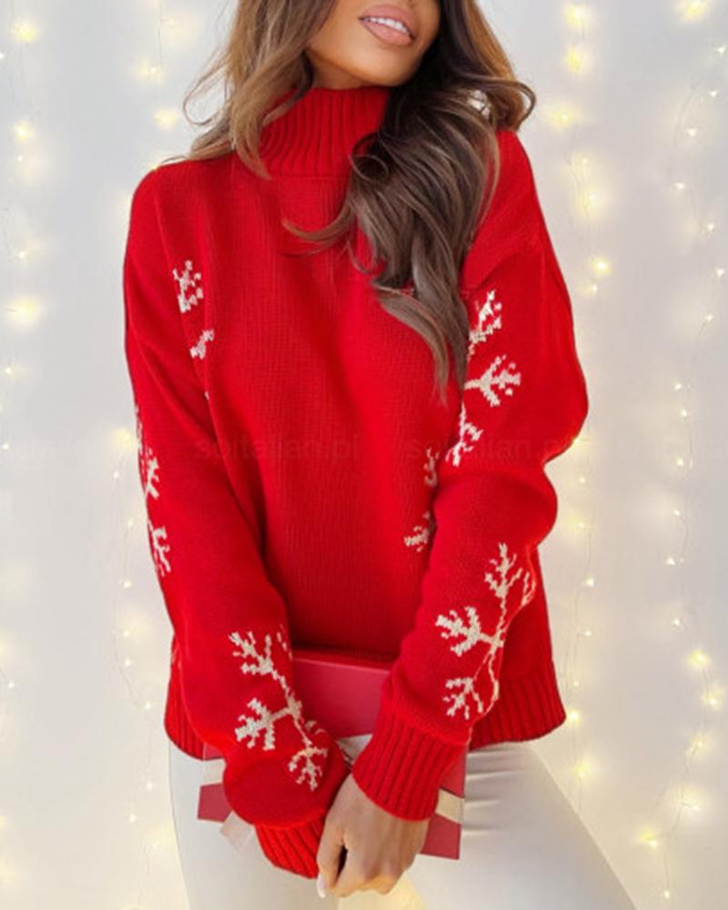 Christmas Snowflake Pattern High Neck Knit Sweater