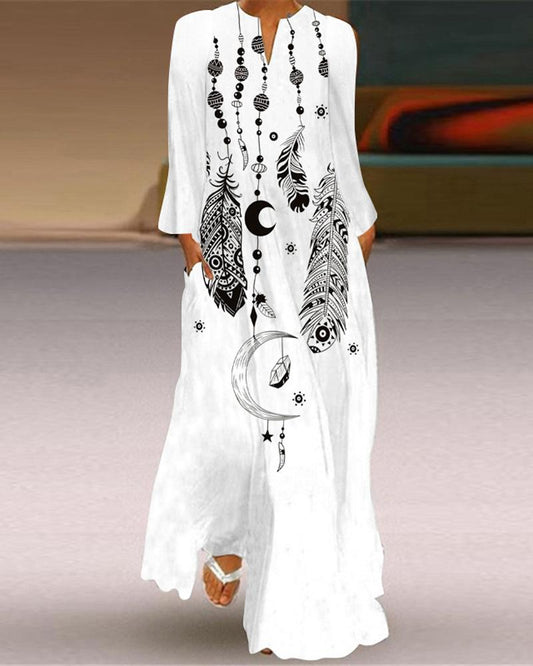 Feather Moon Print Long Sleeve Maxi Dress