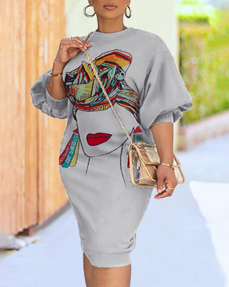 Plus Size Figure Print Lantern Sleeve Casual Dress