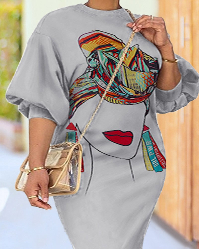 Plus Size Figure Print Lantern Sleeve Casual Dress