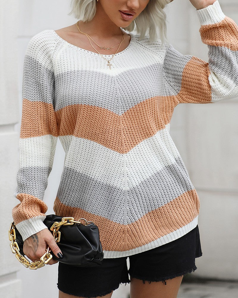 Chevron Pattern Colorblock Long Sleeve Knit Sweater