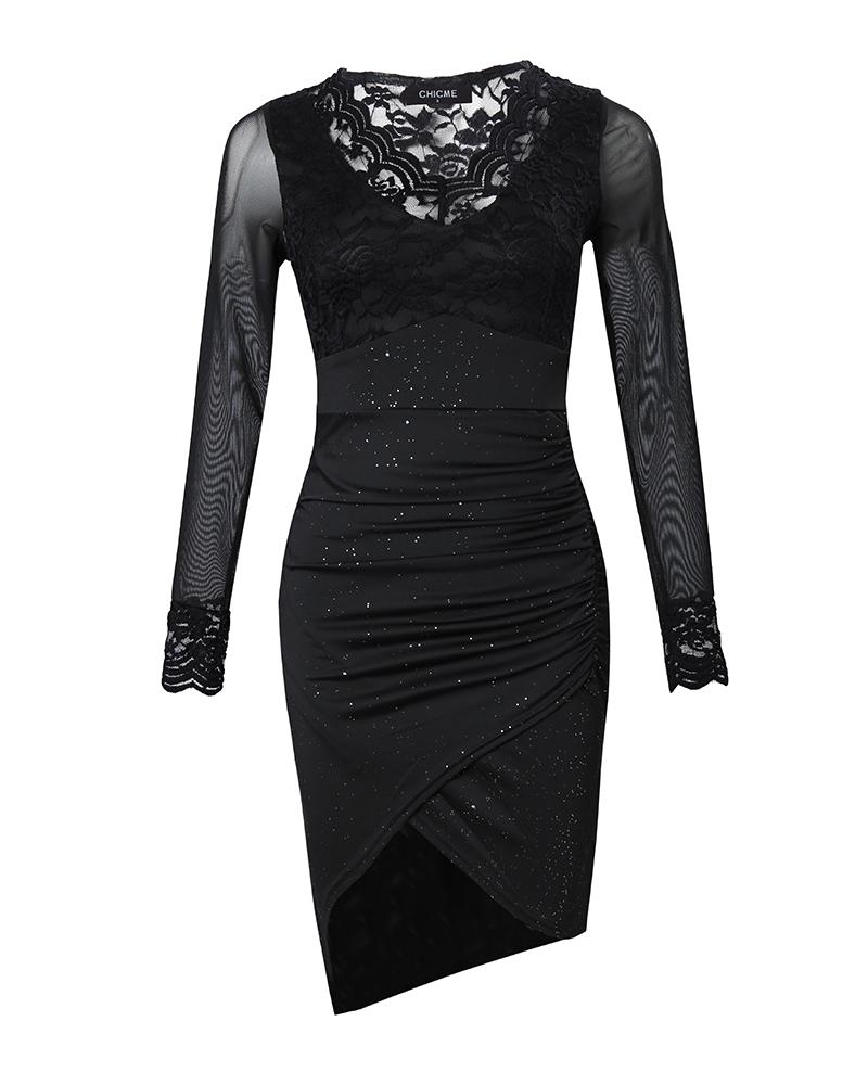 Contrast Lace Long Sleeve Ruched Glitter Bodycon Dress