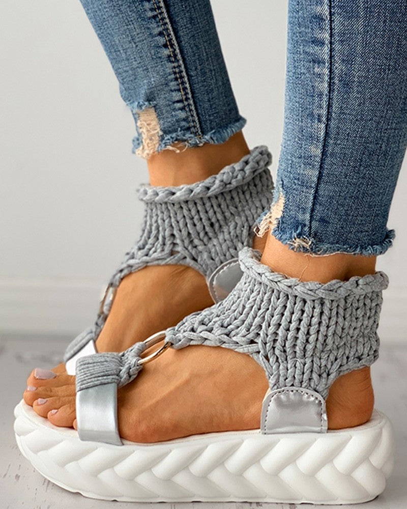 Braided Knit O Ring Cutout Platform Sandals