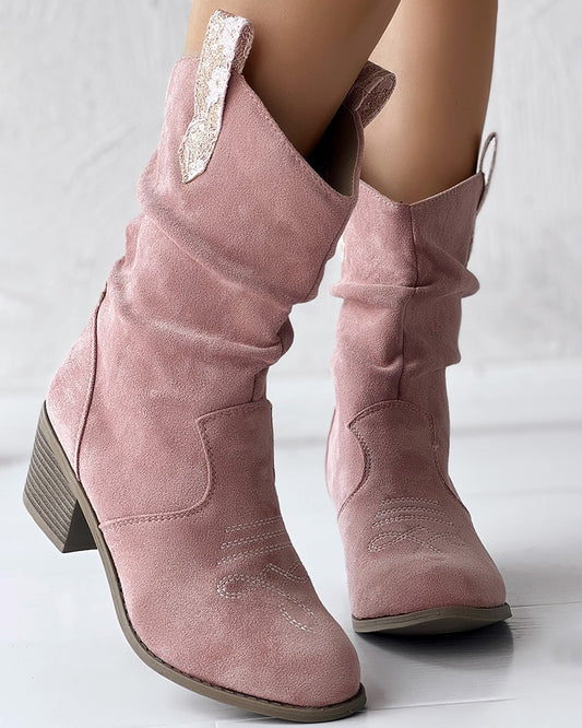 Ruched Chunky Heel Cowboy Style Vintage Ankle Boots