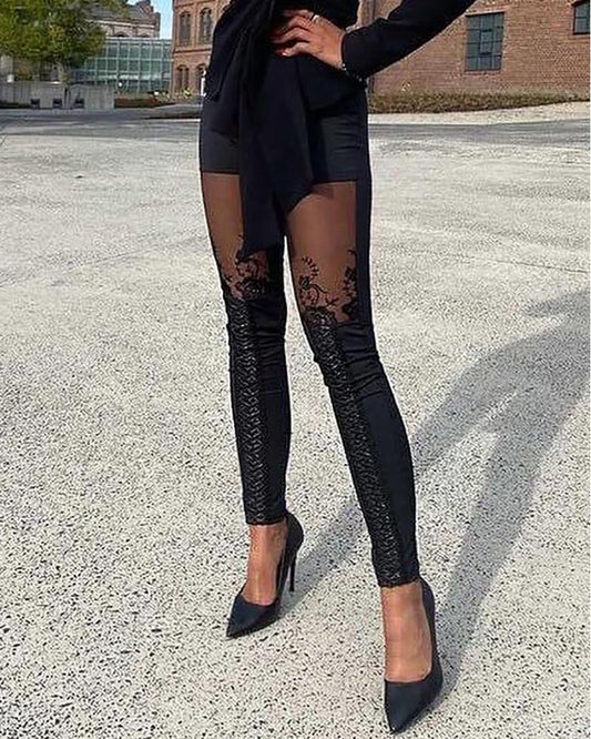 Sheer Mesh Lace Embroidery Patch Skinny Pants