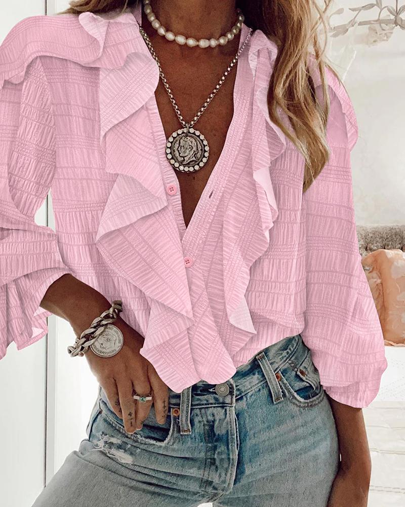 Ruffle Hem Long Sleeve Textured Blouse