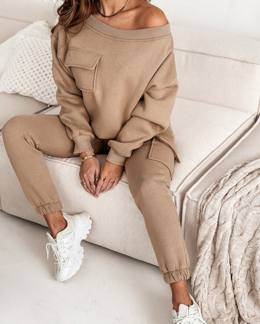 Skew Neck Sweatshirt & Cuffed Sweatpants Set