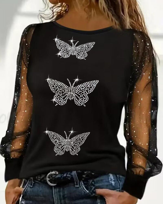 Rhinestone Butterfly Pattern Glitter Mesh Patch Top