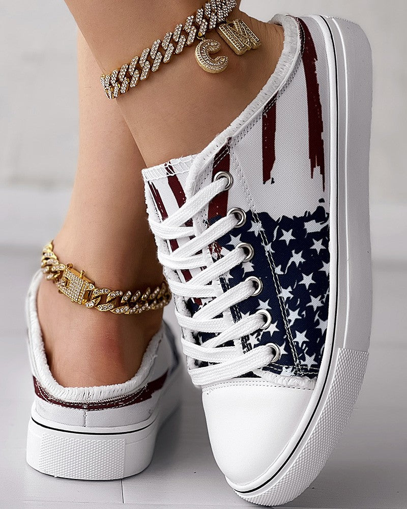 Independence Day Flag Print Raw Hem Slipper Sneakers